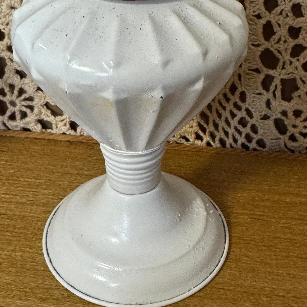 Vtg White Metal Miniature Oil Lamp Ruffled Glass Chimney Cottagecore Shabby Chic